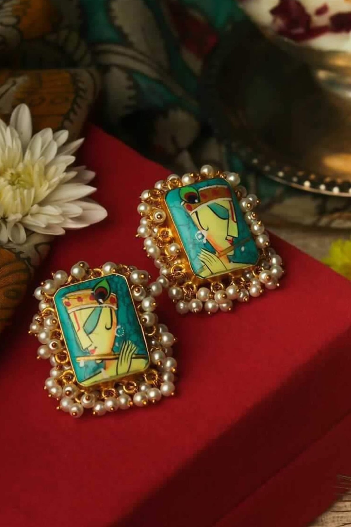 Gold Finish Hand Painted Krishna Stud Earrings