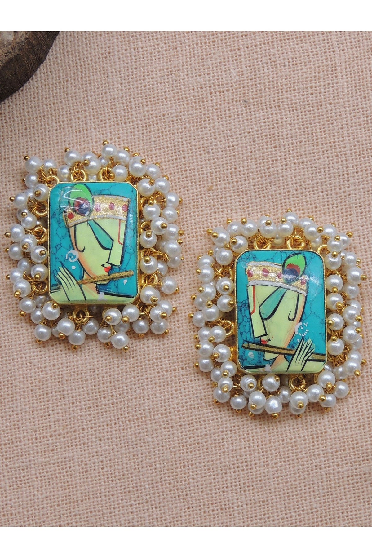 Gold Finish Hand Painted Krishna Stud Earrings