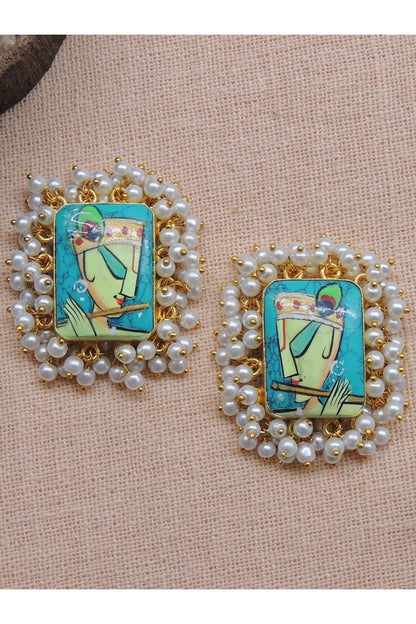Gold Finish Hand Painted Krishna Stud Earrings