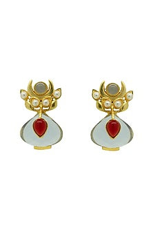 Gold Finish Synthetic Stone & Pearl Stud Earrings