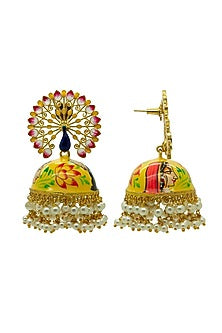 Gold Finish Jaipuri Hand Painted Radha-Krishna Jhumka Earrings