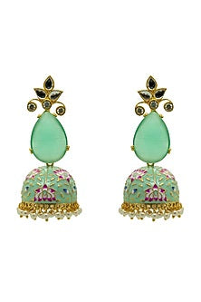 Gold Finish Green Synthetic Stone Meenakari Jhumka Earrings