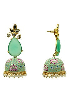 Gold Finish Green Synthetic Stone Meenakari Jhumka Earrings