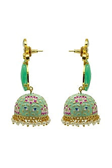 Gold Finish Green Synthetic Stone Meenakari Jhumka Earrings