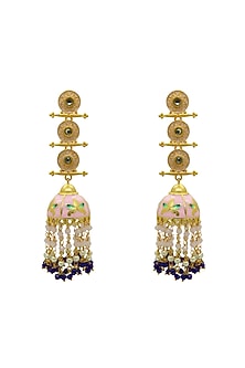 Gold Finish Pink Pearl Meenakari Jhumka Earrings