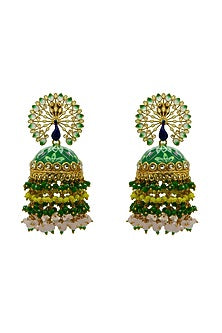 Gold Finish Peacock Green Floral Hand Painted Beaded Jhumka Earrings