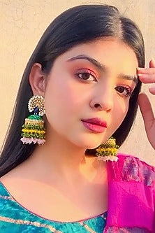 Gold Finish Peacock Green Floral Hand Painted Beaded Jhumka Earrings