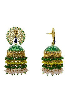 Gold Finish Peacock Green Floral Hand Painted Beaded Jhumka Earrings