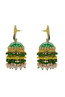 Gold Finish Peacock Green Floral Hand Painted Beaded Jhumka Earrings