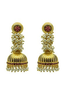 Gold Finish CZ & Pearl Jhumka Earrings