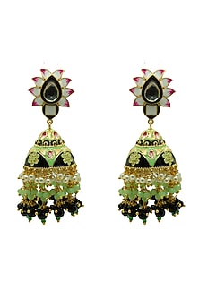 Gold Finish Black & Mint Beaded Jhumka Earrings