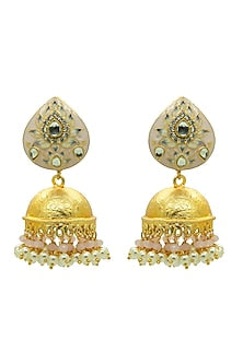 Gold Finish Pink Pearl Lotus Meenakari Dangler Earrings