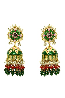 Gold Finish Bottle Green Beaded Jhumka Earrings