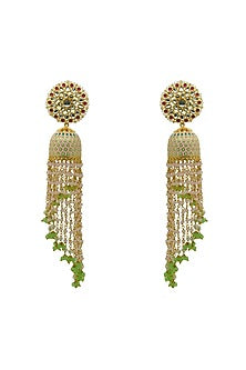 Gold Finish Pink Kundan & Beaded Jhumka Earrings