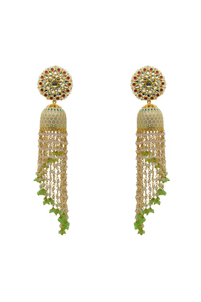 Gold Finish Pink Kundan & Beaded Jhumka Earrings