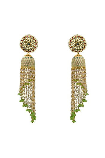 Gold Finish Pink Kundan & Beaded Jhumka Earrings