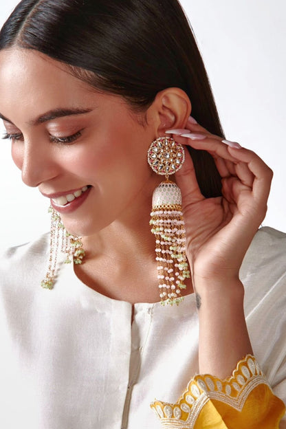 Gold Finish Pink Kundan & Beaded Jhumka Earrings