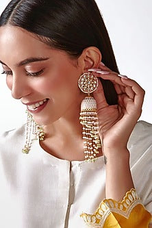 Gold Finish Pink Kundan & Beaded Jhumka Earrings