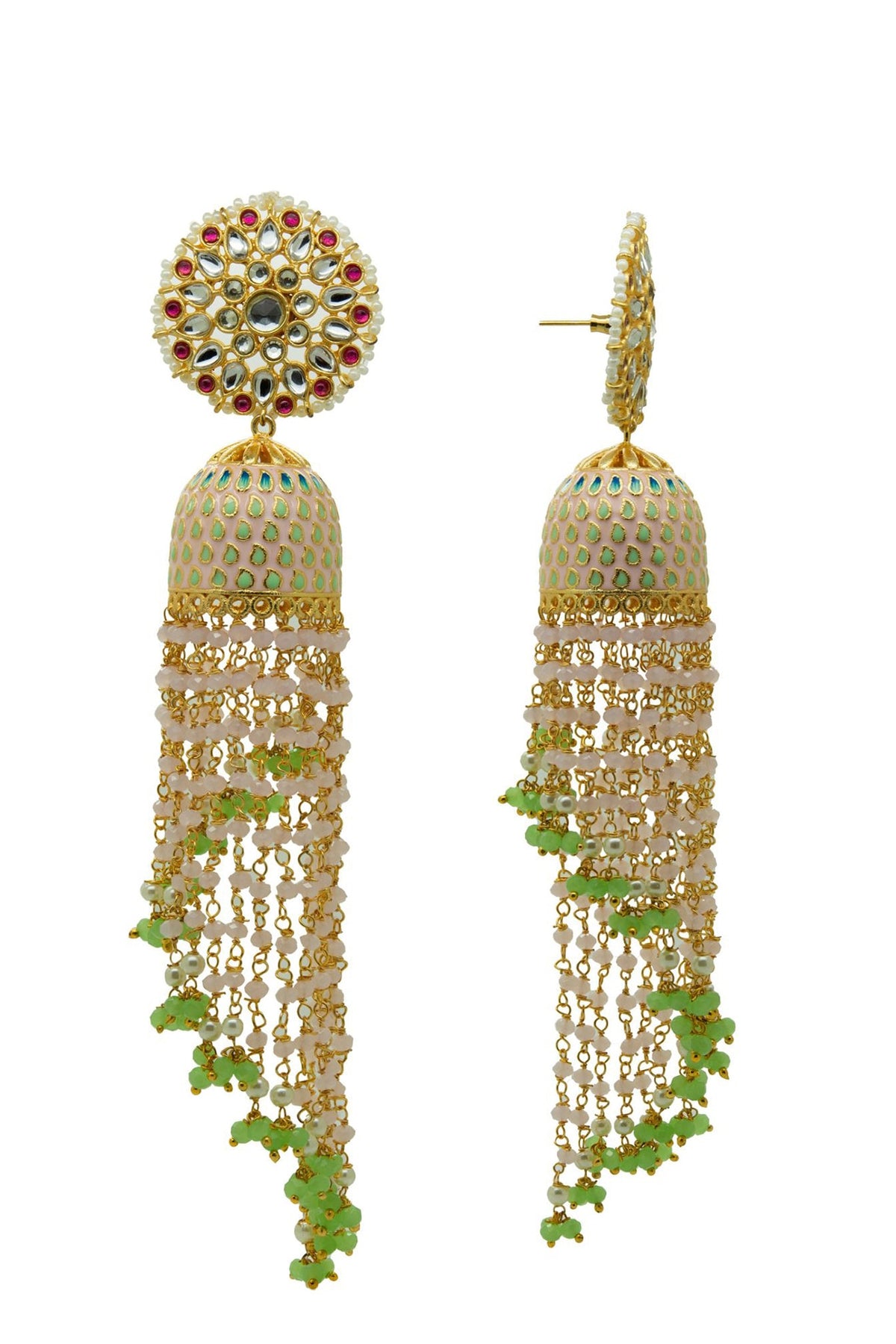 Gold Finish Pink Kundan & Beaded Jhumka Earrings