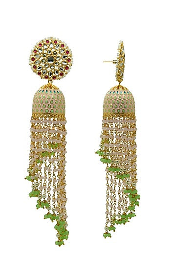 Gold Finish Pink Kundan & Beaded Jhumka Earrings