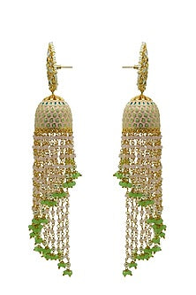 Gold Finish Pink Kundan & Beaded Jhumka Earrings