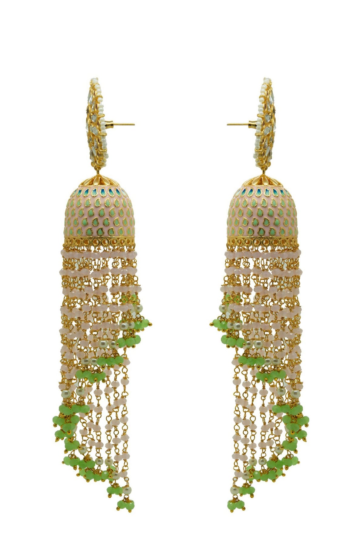 Gold Finish Pink Kundan & Beaded Jhumka Earrings
