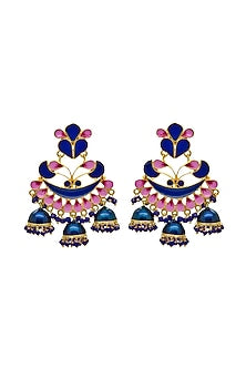 Gold Finish Royal Blue & Pink Synthetic Stone Jhumka Earrings
