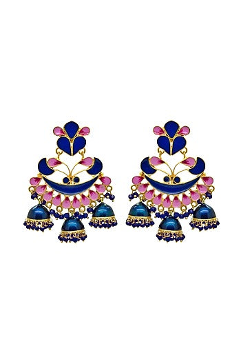 Gold Finish Royal Blue & Pink Synthetic Stone Jhumka Earrings