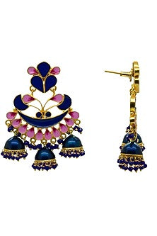 Gold Finish Royal Blue & Pink Synthetic Stone Jhumka Earrings