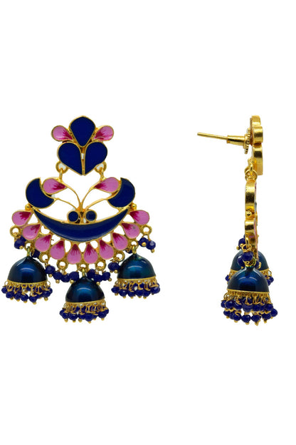 Gold Finish Royal Blue & Pink Synthetic Stone Jhumka Earrings