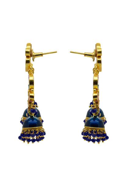 Gold Finish Royal Blue & Pink Synthetic Stone Jhumka Earrings
