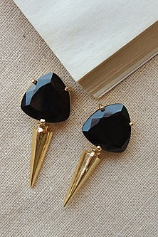 Gold Finish Black Synthetic Stone Stud Earrings