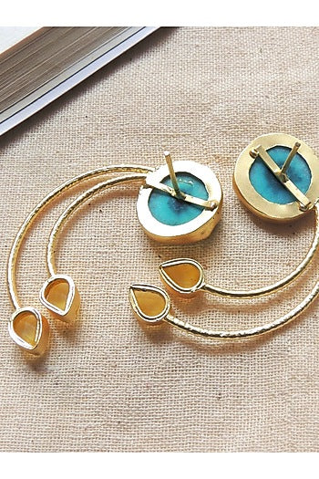 Gold Finish Multi-Colored Natural Stone Wired Stud Earrings