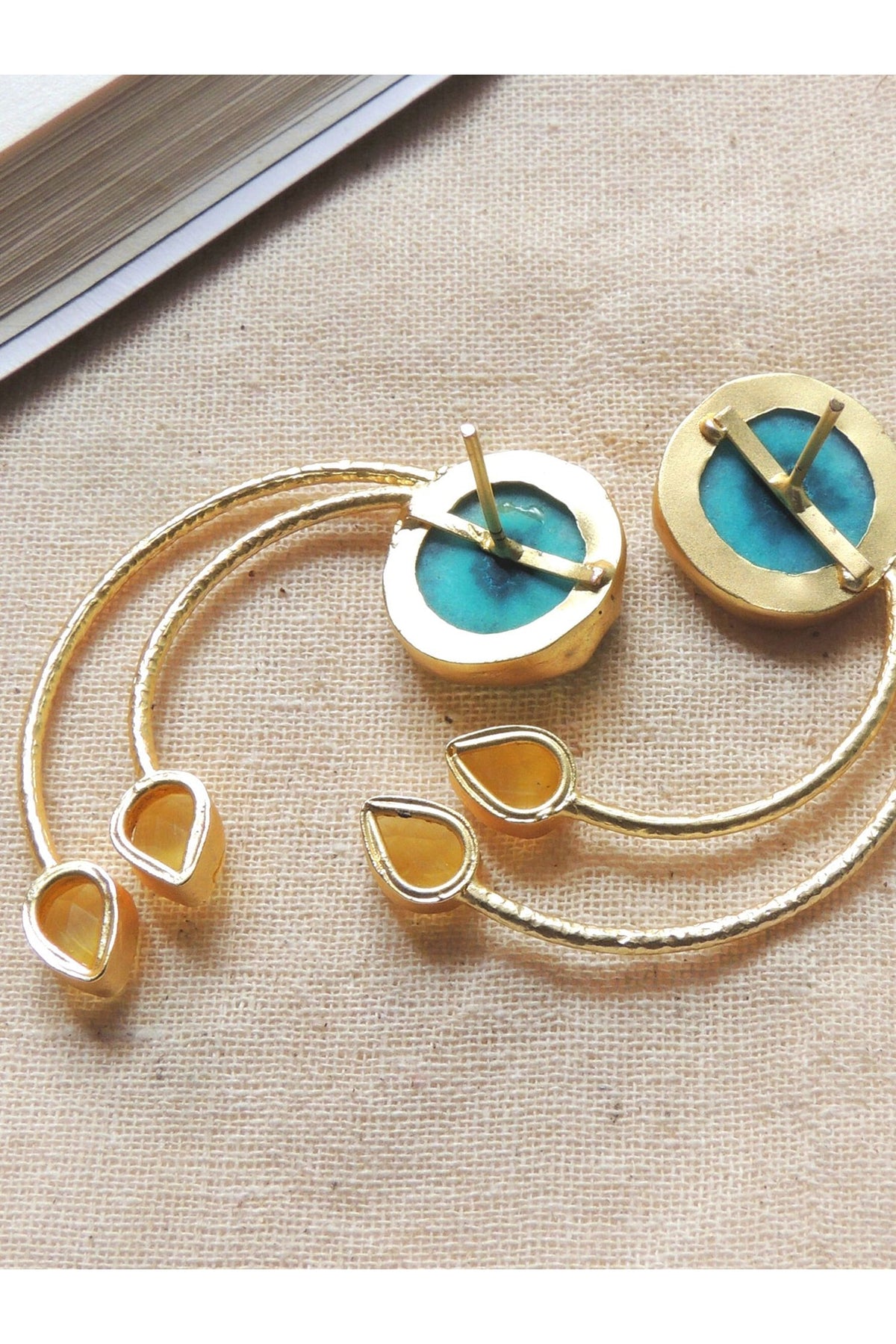 Gold Finish Multi-Colored Natural Stone Wired Stud Earrings