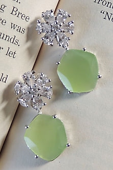 White Finish Green Synthetic Stone Floral Stud Earrings