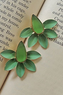 Gold Finish Green Stone Enameled Stud Earrings