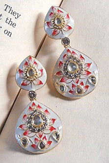 Gold Finish Double Paan Lotus Meenakari Stud Earrings