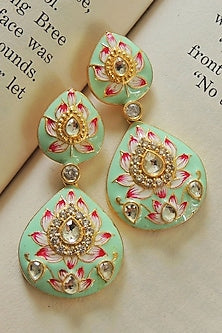 Gold Finish Double Paan Lotus Meenakari Stud Earrings