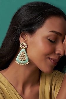 Gold Finish Kundan Polki Meenakari Dangler Earrings