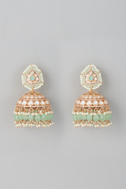 Gold Finish Kundan Polki & Mint Beaded Jhumka Earrings