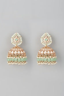 Gold Finish Kundan Polki & Mint Beaded Jhumka Earrings