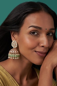 Gold Finish Kundan Polki & Mint Beaded Jhumka Earrings