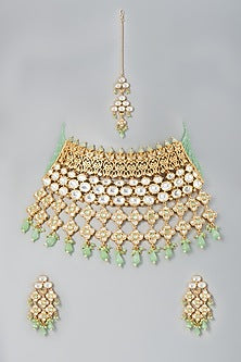 Gold Finish Kundan Polki & Mint Beaded Choker Necklace Set