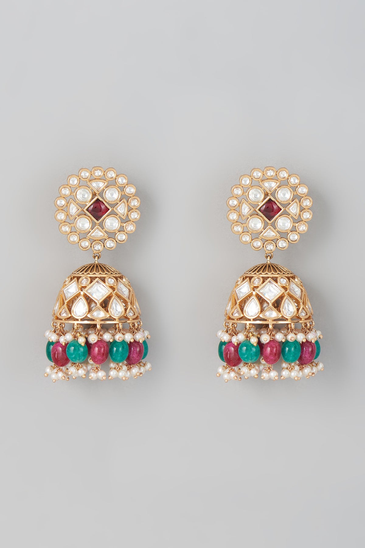 Gold Finish Multi-Colored Beaded Jhumka Earrings