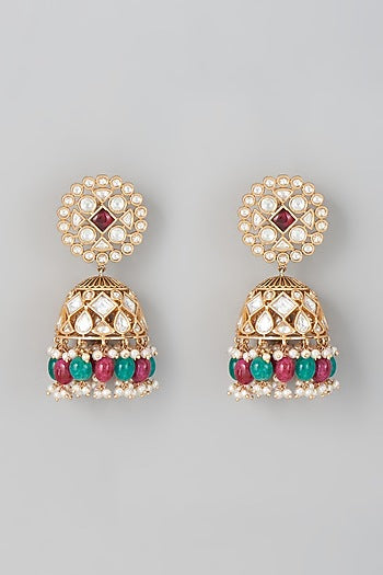 Gold Finish Multi-Colored Beaded Jhumka Earrings
