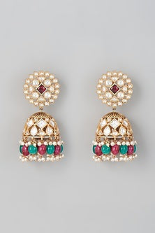 Gold Finish Multi-Colored Beaded Jhumka Earrings