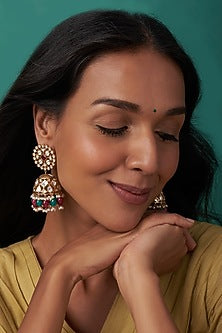 Gold Finish Multi-Colored Beaded Jhumka Earrings