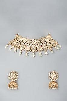 Gold Finish Kundan Polki & Pearl Choker Necklace Set