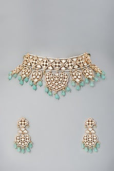 Gold Finish Kundan Polki & Mint Drop Choker Necklace Set