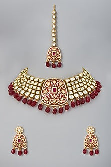 Gold Finish Maroon Beaded Choker Necklace Set